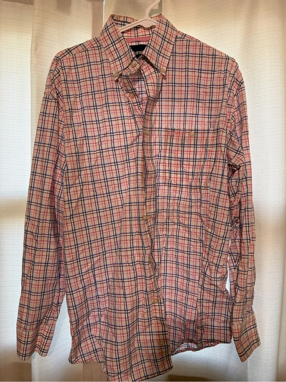 Wrangler Pink Plaid Button-Down Shirt with Blue Accents
